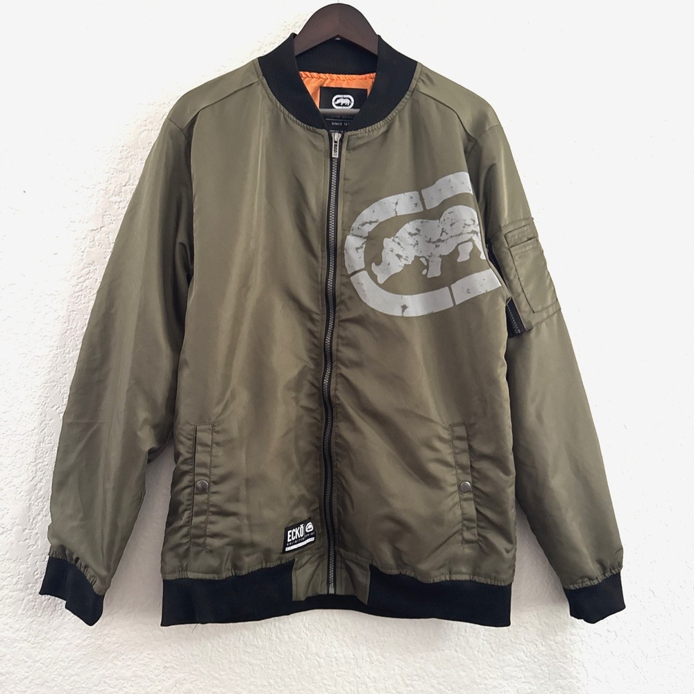 Ecko Unltd Mens Bomber Jacket Size L Olive Green Reflective Rhino Y2K Streetwear